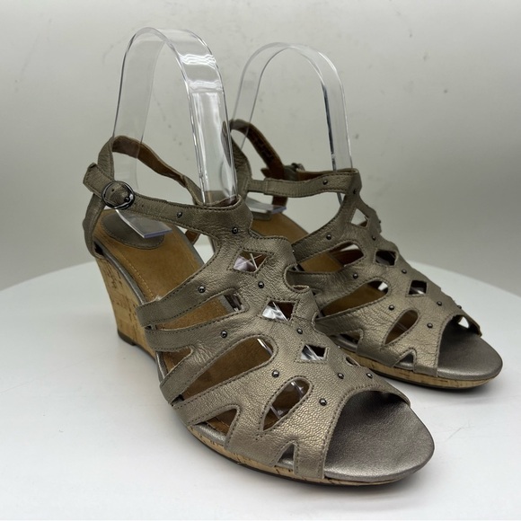 Clarks Artisan Wedge Sandals Fiddle String Espadrille Leather Neutral Tan Summer - Picture 7 of 16